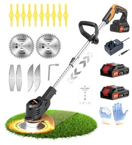 Wrneaoch 21V Battery Strimmers Cordless with 6,000 RPM and 650W Motor Garden Strimmer Cordless with 2 Batteries 2.0Ah Grass Trimmer Cordless is the Perfect Partner for all Your Garden Lawn Care Needs