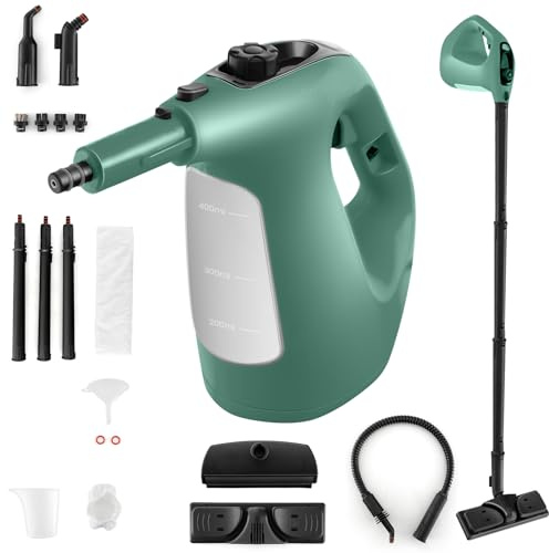 SOARS Nettoyeur Vapeur à Main 1400W, Pression Vapeur : 2 Bar, Max. 125℃, Réservoir d'Eau : 400 ML, Verrouillage de Sécurité Enfants, avec 13 Accessoires, pour Canapé, Sol, Vêtements, Cuisine (Vert)