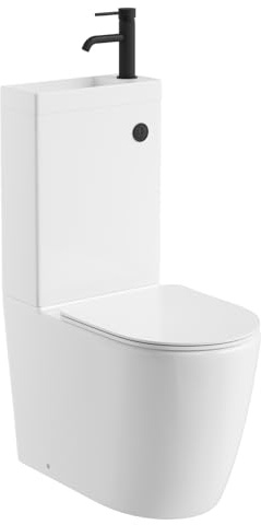 Go Bathrooms 2-in-1 Rimless Toilet & Sink Combination Black | Two-piece ceramic rimless space saver toilet pan and wash basin. Includes black cistern button and soft-close seat.