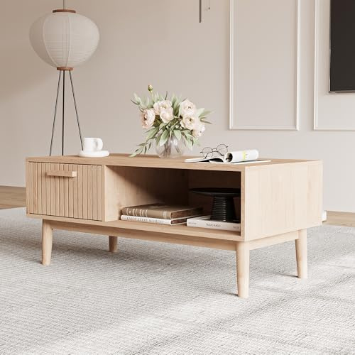 FOERPL Mesa baja de madera con cajón, compartimento abierto para sala de estar, mueble TV de sala de recepción, dormitorio, oficina, mesa auxiliar (color madera G)