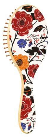 Cepillo de madera Lilly Floral Burgendy Orange Paddle Brush para cabello fino, cepillo de madera para cabello natural