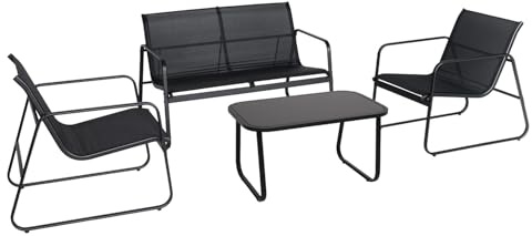 Brixy Loungeset für 4 Personen, modernes Gartenmöbel-Set mit Metallrahmen, Glasplatte und Textilene-Sitzen, Anthrazit/Schwarz
