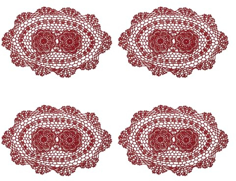 QUARKZMAN 4 Stück 16x10 Zoll handgefertigte gehäkelte Deckchen, Polyester Baumwolle Tischsets ovale Tischdecken gehäkelte Tischsets für Esstisch Küchenpartys, Rot