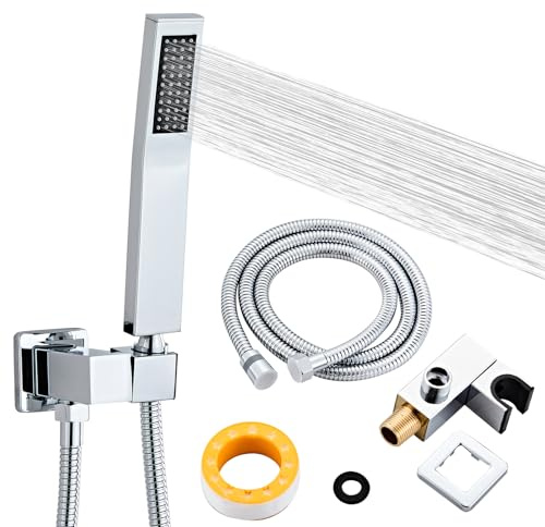 Bathroom Square Chrome Solid Brass Hand Held Shower Head With Wall Connector and Hose System Wall Mount Handheld Showerheads Set