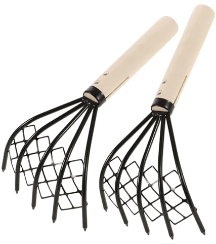 HYTROVE Rastrello in Acciaio al Carbonio Confezione 2 Pezzi con Rete per Scavo Design Artigliato e Manico in Legno Attrezzo per Pesca di Vongole e Frutti di Mare