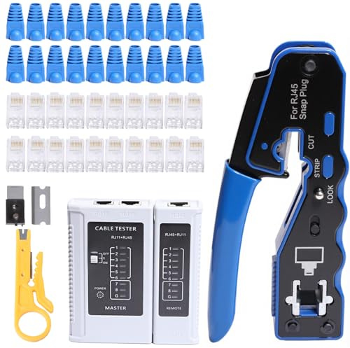 Shengbowi RJ45 Crimp Tool Kit Pass Through Ethernet Cat6 Cat6a Cat5e Crimping Tool with 20PCS Cat6 Pass-Thru Connectors 1 Wire Cutter Plier 1 Mini Wire Stripper 1 Network Cable Tester