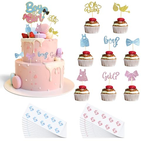 ZSSZD 3 Stück Boy or Girl Gender Reveal Tortendeko, Cupcake Topper, Selbstklebende Verschlussaufkleber, Glitzer Kuchen Dekorationsaufsätze, Aufkleber Bonbonieren & Tüten für Party Deko, Baby Shower