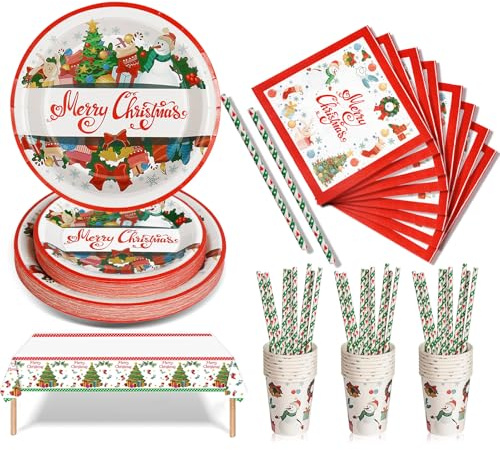 Nkaiso Vaisselle de Fête de Noël, 126 pièces Assiette Carton Jetable Fournitures Set - Assiette en Papier, Verres, Serviettes, Pailles et Nappe Convient pour la Décoration Fête Noël, Pour 25 Invités