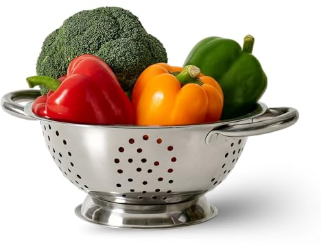 Escurridor de Acero con Asas, Colador de Cocina, Colador Multiusos, escurridor Pasta, escurridor para Frutas y Verduras, Diámetro Superior 24 cm, Altura 10 cm, Libre de BPA, Acero Inoxidable