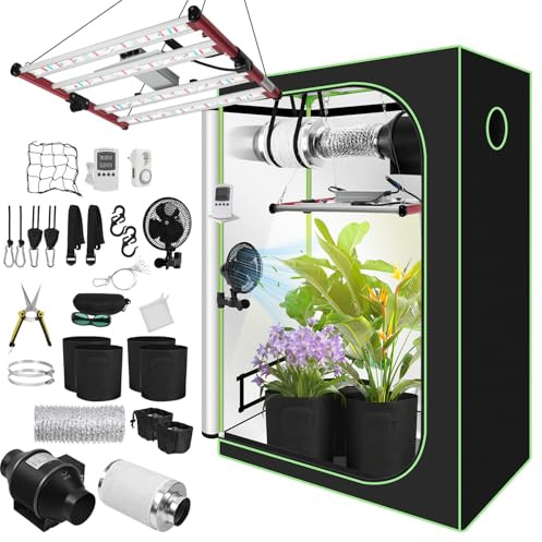 Daromigo Growzelt Komplettset 120x60x180cm mit Dimmbarer LED Grow Lampe, Pflanzenzelt, Inkl. 4 Aktivkohlefilter, Ruhigem Lüfter & Rohrventilator, für Hydroponik Indoor Anbau
