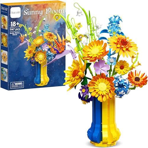 Jurair Ensemble de Construction Bouquet de Tournesols pour Adultes avec Vase, Cadeau Créatif de Noël pour Femmes, Fleurs Artificielles à Assembler pour la Décoration du Bureau à Domicile 1147 Pièces