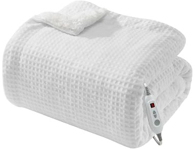 Garvee Elektrische Heizdecke mit 6 Heizstufen & 10h Timer – Abschaltautomatik, doppelseitiger Flanell, maschinenwaschbar, LCD-Controller – Ideal für Sofa & Bett – Weiß, 180x130cm, EU-Stecker