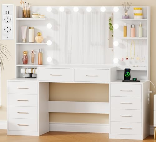 BEWISHOME Große Schminktisch mit Spiegel,Verstellbaren LED-Beleuchtung und Steckdosen,Schminktisch mit 10 Schubladen,5 Ablagefächer,Haken und Schmuckaufbewahrung,Moderner Schminktische Weiß EFST52W