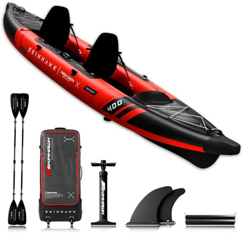 SKINHAWK Prestige Rot Kajak Set 400 – Schlauchboot – Kanu - 400 x 96 cm - 2 Personen Kajak (Set mit Alu-Paddel)