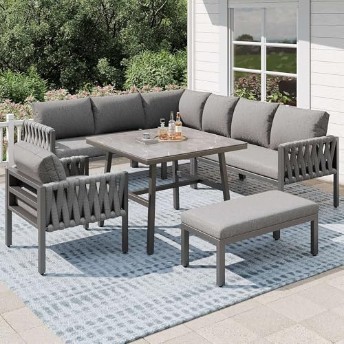 Lahoomu Gartenmöbelset, Seilgartenmöbelset mit verzinktem Eisengestell, verstellbare Beine, Ecksofa, Tischplatte aus gehärtetem Glas, inklusive Aller Sitz- und Rückenkissen, Grau