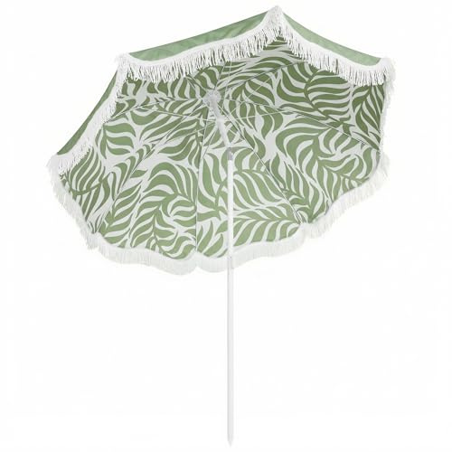 Outsunny Sombrilla de Playa con Flecos Ø180 cm con Inclinación Verde | Sombrilla de Terraza Exterior, Altura Ajustable, Anclaje Arena, Bolsa de Transporte, UPF30+, Estampado de Hojas