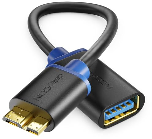 deleyCON [0.2 m] USB 3.0 Super Speed OTG Adapter – Data Cable for Smartphone and Tablet – USB 3.0 A Female to USB 3.0 Micro B Male – USB 3.0 Super Speed Technology – Transfer Rates Up to 5 Gbit/s – Shielded Flexible Premium USB 3.0 Cable – Fast and Secure Data Transfer – Backward Compatible with USB 2.0 / USB 1.1 – OTG Adapter for e.g. Samsung Galaxy S5 / Note 3 – Colour: Black / Blue
