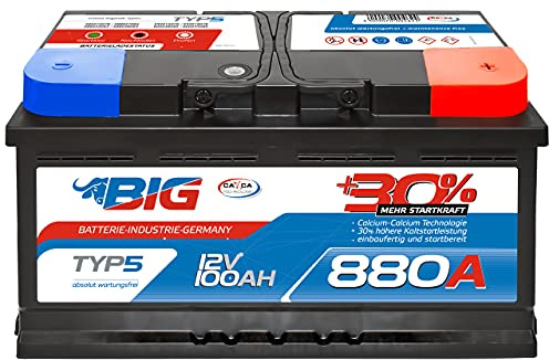BIG Autobatterie 12V +30% mehr Startleistung 100Ah 880A/EN wartungsfreie Bleisäure Starterbatterie ersetzt 88Ah 90Ah 92Ah 95Ah 105Ah