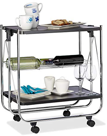 Relaxdays Carrello da Cucina Portavivande con Cestello, Pieghevole, 4 Ruote, Nero, HxLxP 68,5 x 68 x 40,5 cm