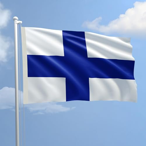 Bandiera Finlandia 70 x 100 cm in Poliestere Nautico Ignifugo 115 g/mq per Uso Interno ed Esterno con Finiture Professionali, Doppie Cuciture, Corda e Guaina, Colori Brillanti e Duraturi