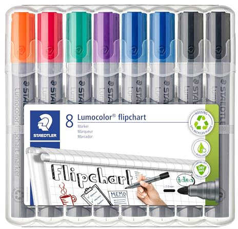 STAEDTLER Flipchart Marker Lumocolor, Rundspitze ca. 2 mm Linienbreite, lange Lebensdauer, nachfüllbar, farbintensiv, geruchsarm, hohe Qualität Made in Germany, Set mit 8 Farben, 356 WP8 X