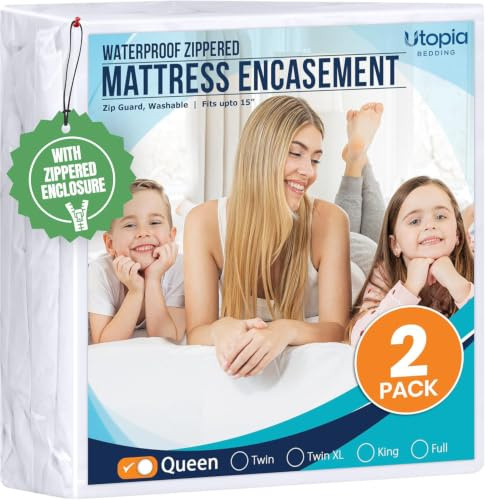 Utopia Bedding Coprimaterasso con cerniera, per letto matrimoniale, 100% impermeabile e a prova di cimici, assorbente, a sei lati, confezione da 2