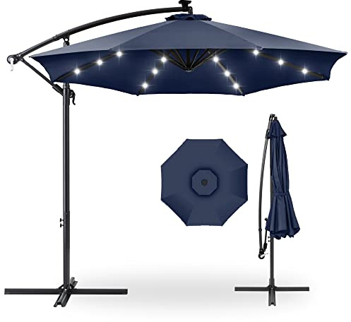 Best Choice Products 10ft Solar LED Offset Cantilever Hanging Market Patio Umbrella, 8 Sturdy Ribs, Easy Adjustment - Navy Blue