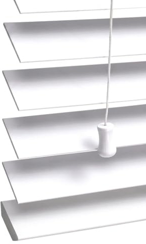 Home In Style 4U Persianas venecianas de madera sintética con cuerdas, fácil ajuste, seguras para niños, listones de 50 mm, recortables, color blanco, 90 cm de ancho x 150 cm de largo