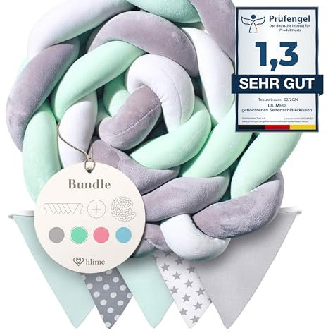 lilime® geflochtenes Seitenschläferkissen 2M - inkl. GRATIS Wimpelkette - geprüfte Qualität - Ideal zum Verschenken und Dekorieren - 200 cm (Mint/Weiss/Grau)