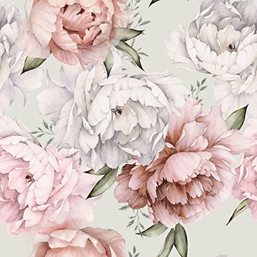 decomonkey Fototapete selbstklebend Tapetenrolle 10 m, Beige, Rosa, Vlies | Pflanzen, Pfingstrosen, Blumen, Tapete, Vliestapete, Deko Panel, Modern, Design, Wanddeko, Wohnzimmer, Schlafzimmer