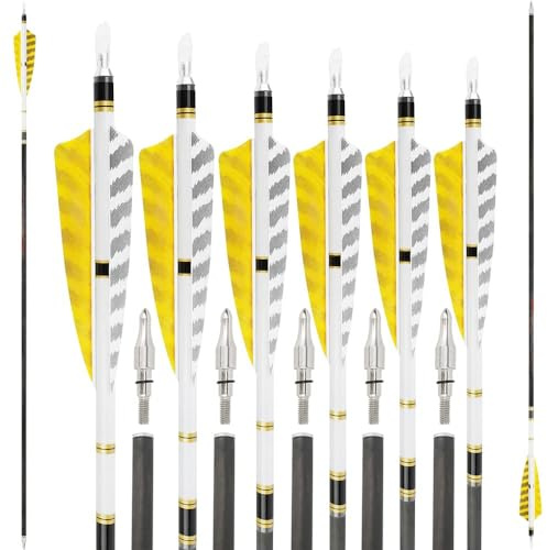SHARROW 6/12P 100% Reines Carbon Pfeile 32 Zoll Pfeile für Bogenschießen Spine 250-600 Zielbogenschießen Jagdpfeile mit 4 Zoll Natürlich Federn Pfeile für Recurvebogen Compoundbogen