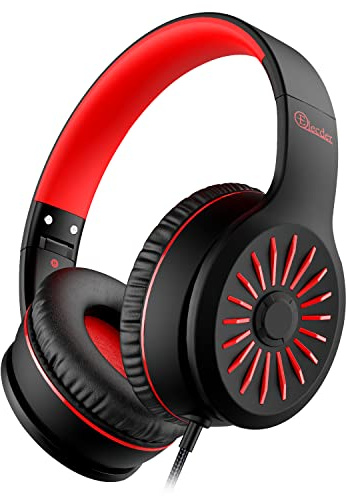 ELECDER i45 Headphones Wired, On-Ear Kids Headphones with 1.5M No-Tangle Cord, Foldable Portable Stereo 3.5mm Headset for School Kids Teens, Smartphones Tablet Computer Laptop, Airplane Travel, Red