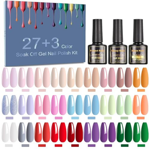 Esmalte Semipermanente Gel UV LED, 30Pcs Pintauñas Semipermanentes Kit 27 Colores Esmalte de Uñas Vibrante con Base, Capa Superior Brillante y Mate Uñas de Pintauñas, 8ML