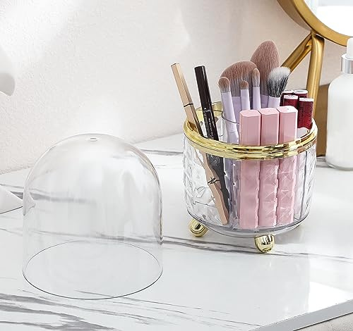 Anyoifax Make-up-Pinselhalter mit Deckel, um 360 Grad drehbar, staubdicht, Make-up-Pinsel-Organizer für Schminktisch und Arbeitsplatte, drehbar, transparent