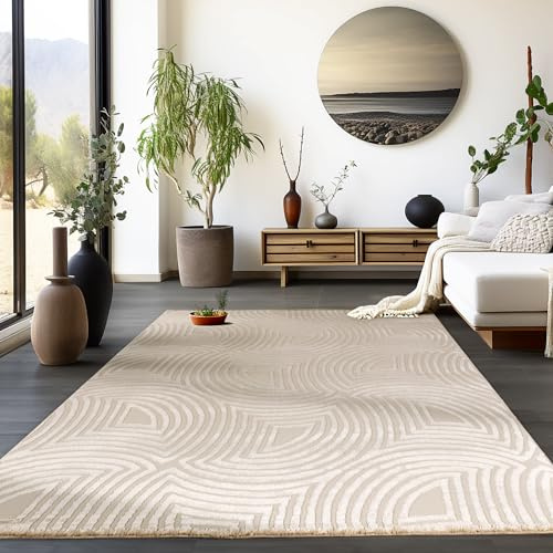 HomebyHome Kurzflor Teppich Wohnzimmer 120x170 cm Beige Modern Skandinavisch Boho Design Einfarbig 3D Effekt Weich Waschbar Pflegeleicht für Schlafzimmer Esszimmer Küche