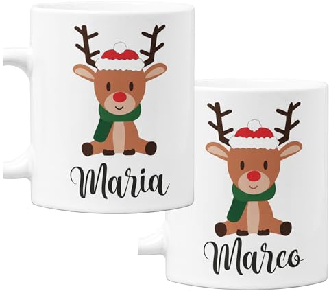 bubbleshirt Coppia Tazze Natale natalizie PERSONALIZZABILI CON NOME Renna Idea Regalo Mug in ceramica 11 Oz