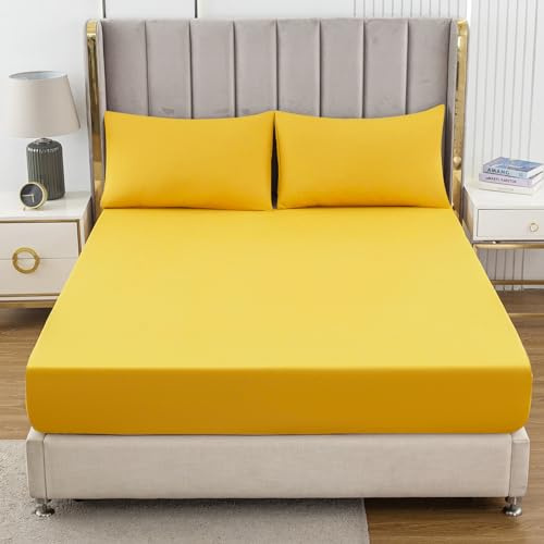 Soifox Double Fitted Sheet Yellow - Bed Sheets with Extra Deep Pocket 16 inch (40 cm), Soft Microfiber Bottom Sheet for Double Bed, 135x190cm