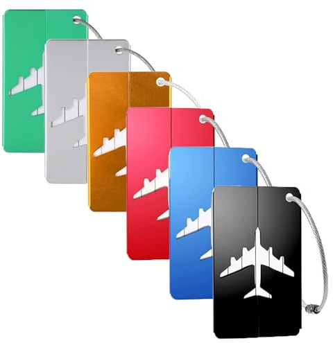 6 Stück Kofferanhänger,Skoye Aluminium Gepäckanhänger 75 * 45mm Edelstahldrahtschlaufe Wasserdichte Beschriftung Namensschild für Reisetaschen, Koffer, Rucksäcke，6 Farben