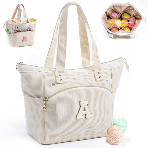 Bolsa de ganchillo personalizada con inicial, almacenamiento de bolsas de hilo de pana, soporte de hilo para ganchillo, organizador de ganchillo para ganchillo, accesorios de ganchillo, bolsa de