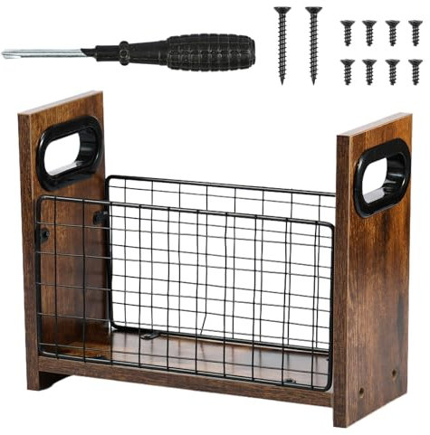 Deuson Zeitschriftensammler aus Metall und Holz, praktischer Post-Organizer, platzsparender Aufbewahrungskorb für Zuhause, Büro, Schlafzimmer, Wohnzimmer