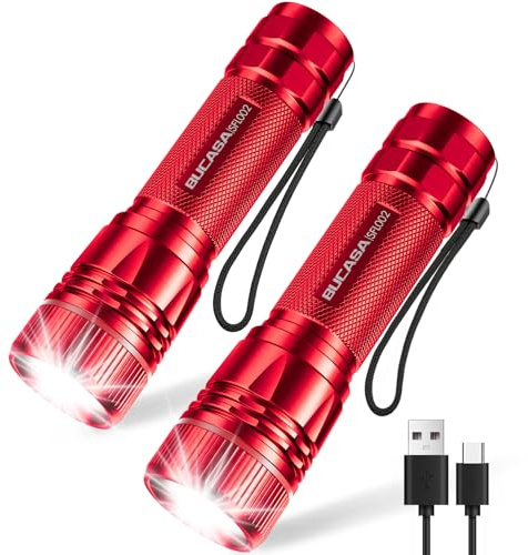 BUCASA Ficklampa LED uppladdningsbar, 2000 lumen extremt ljus LED-ficklampa med 3 lägen, 2 stycken zoombar ficklampa barn, vattentät lång livslängd blinkande ljus för camping utomhus (Röd)