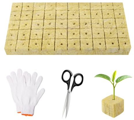 MOKIDO 50 Stück Steinwolle Anzucht, Steinwolle, Rockwool Cube, Anzuchtmatte Bodenlos mit Schere Handschuhe, Steinwolle Würfel für Stecklingen, Pflanzenvermehrung, Klonen und Anzucht