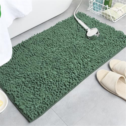 Surwin Chenille Badematte rutschfest Badteppich, Modische Volltonfarbe Weich Flauschig Badezimmermatten Badezimmerteppich Saugfähig Waschbar Badvorleger Fußmatte für Toilette (Dunkelgrün,70x140cm)
