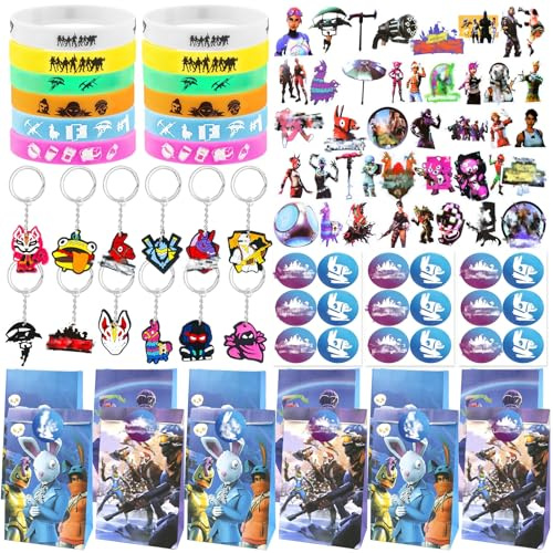 104pcs Party Mitgebsel Kindergeburtstag, Klein Geschenke Geburtstag Party Deko Geburtstagsdeko Spielzeug Set mit Geburtstagstüten DIY Aufkleber Schlüsselanhänger für Kinder Zubehör Gadget Give Aways