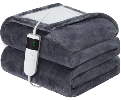 Qieryun Heated Electric Blanket 130x160cm Machine Washable Fleece & Sherpa Heated Blanket, Digital Controller, 10 Heating Settings, Automatically Turn Off After 8 Hours