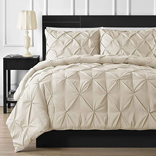 Crown Collection Luxuriate Hotel 1000 TC Hypoallergenic Ultra Soft 100% Egyptian CottonFULL (80 X 90) Ivory Solid Pinch Plated Duvet Cover with Zipper Colser & 2pcs Pillow Case Set