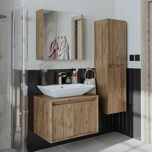 ROOMART • Badezimmer Möbel Set • Atlantic • 4 Teilig • 65cm Unterschrank mit Keramikwaschbecken • Spiegelschrank • Hochscrank (Eiche)
