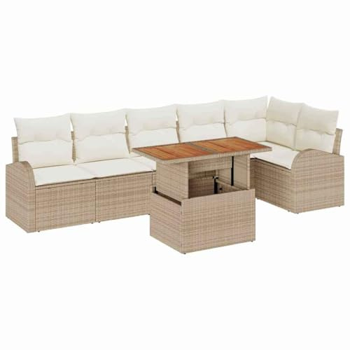 vidaXL 7 Delars Trädgårdsoffas Set med Kuddar Beige Poly Rattan