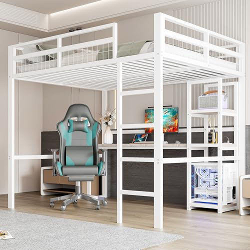 Zravenna Hochbett Metall 140 x 200 cm, mit Schreibtisch,mehrere Ablagefach, Leiter & rausfallschutz, für Kinder, Jugendliche und Erwachsene, Ohne Matratze. (weiß)