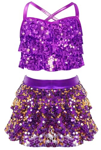 Yruioon Vestido de baile latino para niña, con lentejuelas brillantes, top de crop + falda metálica, bailarina, chacha, salsa, danza moderna